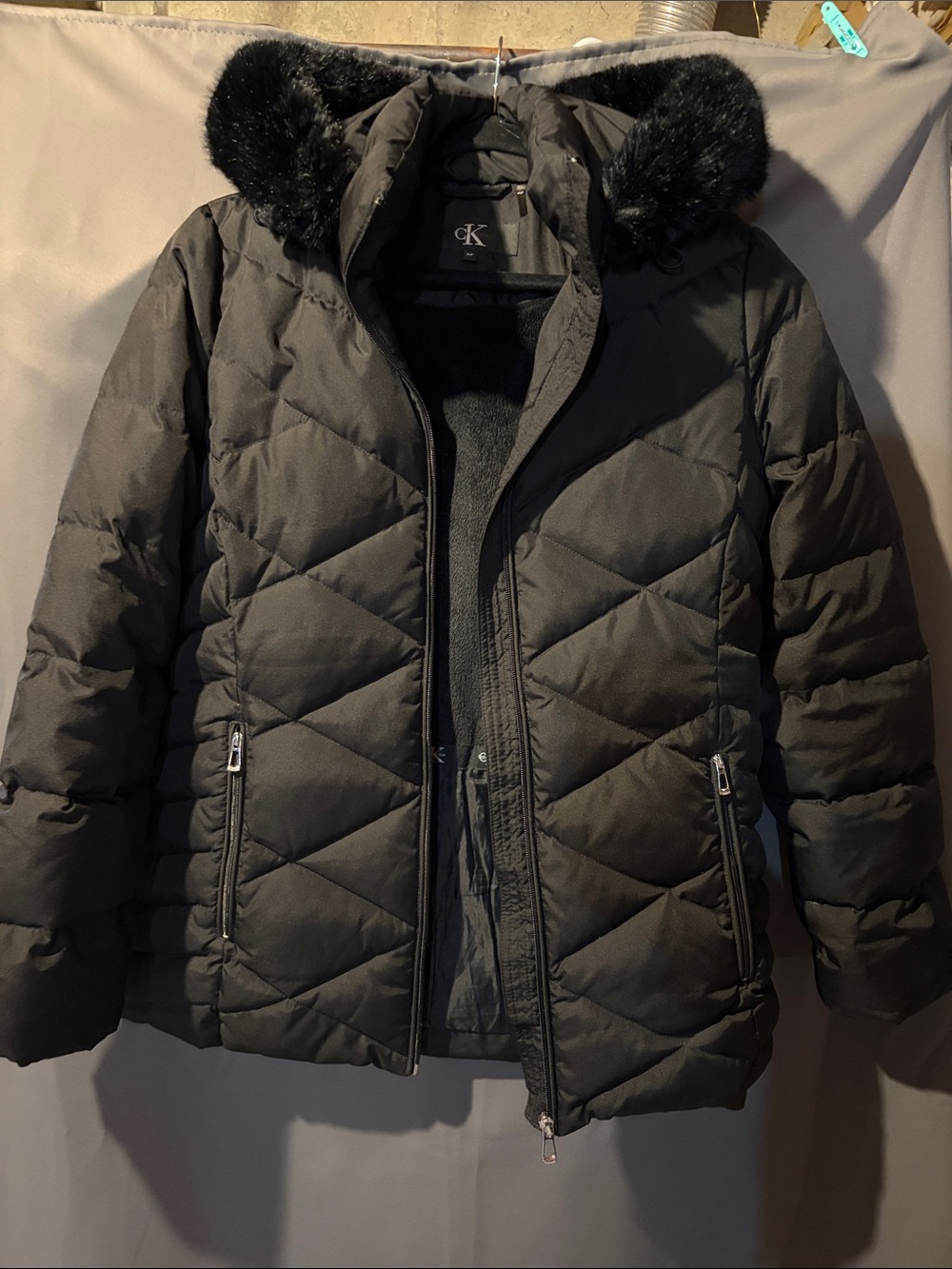 Calvin Klein Black Quilted Puffer Coat with Faux Fur Trimmed Hood